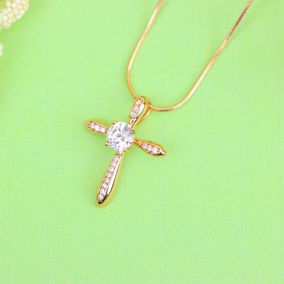 "Elegant Cross Pendant with Center Solitaire in Rose Gold Finish, XPPT1828 - Picture 11 of 13